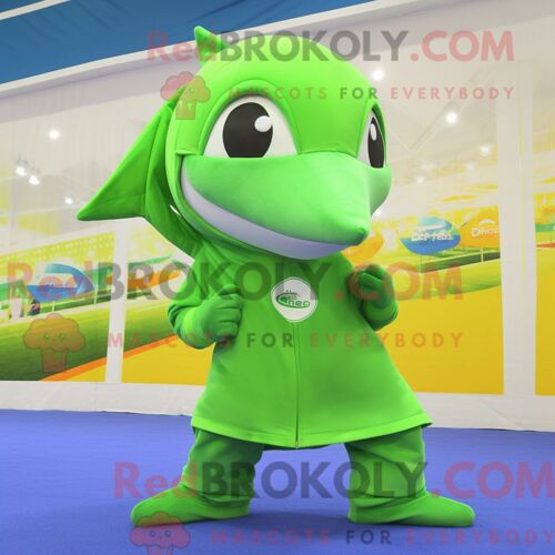 Personnage De Costume De Mascotte Redbrokoly De Dauphin Vert Citron Habillé Avec Un Pantalon De Jogging Et Un Châle
