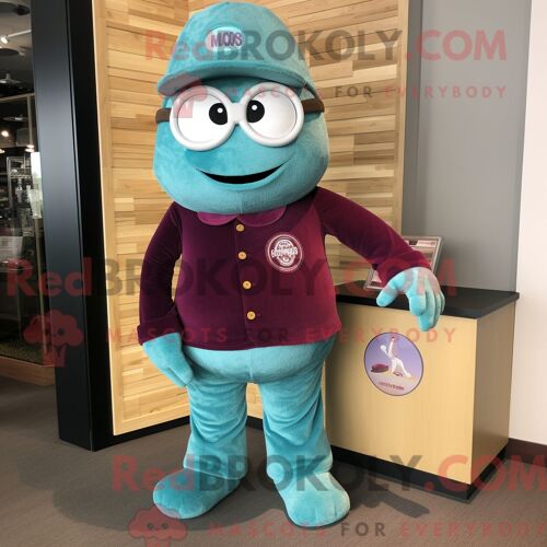 Costume De Mascotte Redbrokoly De Prune Sarcelle Habillé D Un Pantalon En Velours Côtelé Et De Montres