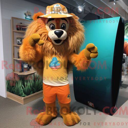 Costume De Mascotte Redbrokoly De Lion Tamer Orange Habillé Avec Un Short Et Des Chapeaux