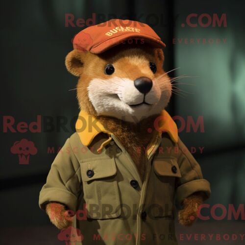 Costume Mascotte Redbrokoly De Belette Rouille Personnage Habillé D Un Manteau Et De Bérets