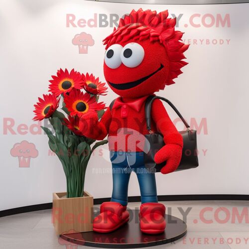 Costume Mascotte Redbrokoly De Bouquet De Fleurs Rouge Personnage Habillé Avec Un Jegging Et Des Portefeuilles