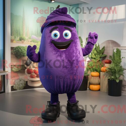 Costume Mascotte Redbrokoly D Aubergine Violette Personnage Habillé D Une Salopette Et De Mitaines