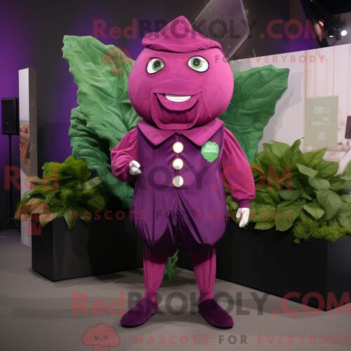 Costume De Mascotte Redbrokoly De Feuille De Chou Magenta Personnage Habillé D Un Costume Et De Broches