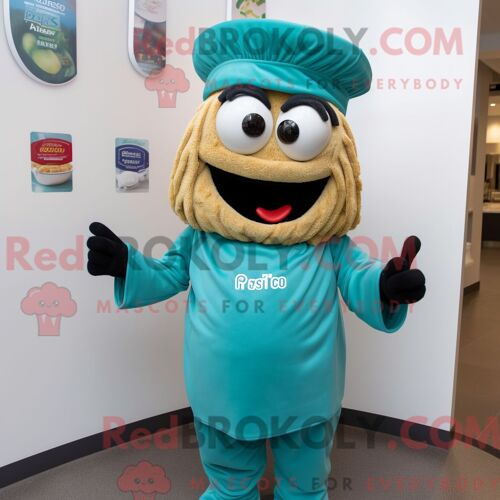 Costume De Mascotte Redbrokoly De Pâtes Au Pesto Turquoise Personnage Habillé Avec Un Polo Et Des Mitaines