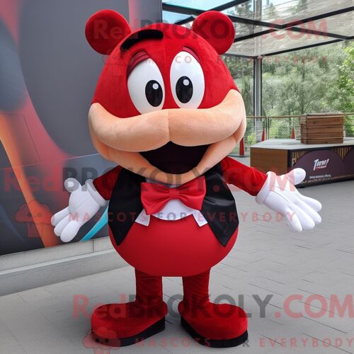 Costume Mascotte Redbrokoly De Moussaka Rouge Habillé D Un Débardeur Et De Noeuds Papillons