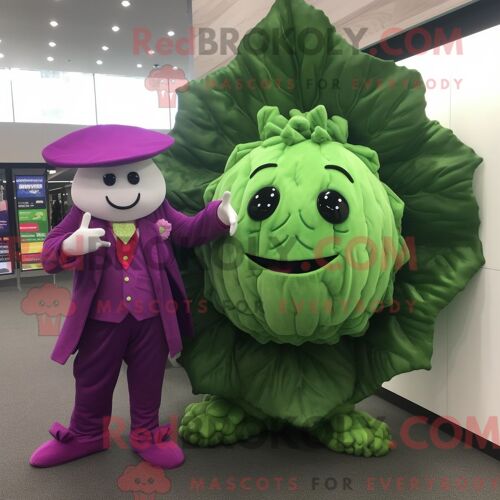 Costume De Mascotte Redbrokoly De Feuille De Chou Magenta Personnage Habillé D Un Costume Et De Broches