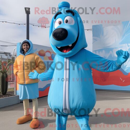 Costume Mascotte Redbrokoly De Hot Dogs Bleu Ciel Habillé D Un Coupe-Vent Et De Montres