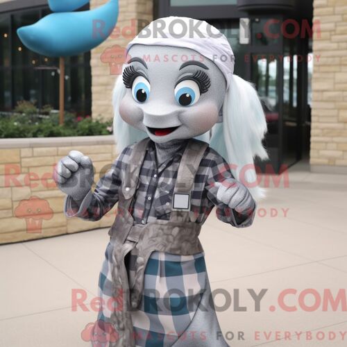 Personnage De Costume De Mascotte Redbrokoly De Sirène Argentée Habillé Avec Une Chemise En Flanelle Et Des Mitaines