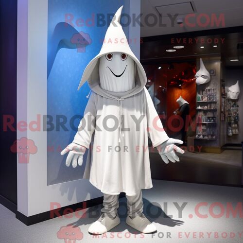 Costume De Mascotte Redbrokoly De Chapeau De Sorcière Blanche Personnage Habillé Avec Un Sweat À Capuche Et Des Pinces À Chaussures