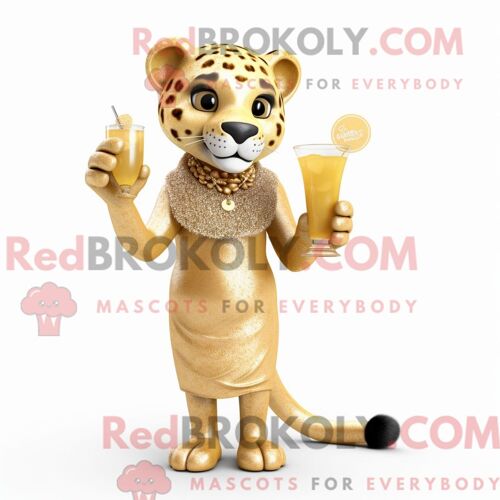 Costume De Mascotte Redbrokoly De Jaguar Doré Personnage Habillé Avec Une Robe De Cocktail Et Des Écharpes