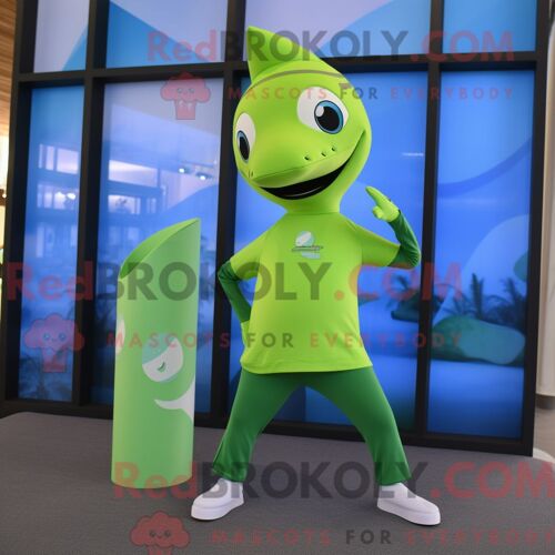 Personnage De Costume De Mascotte Redbrokoly De Dauphin Vert Citron Habillé Avec Un Pantalon De Yoga Et Des Boutons De Manchette