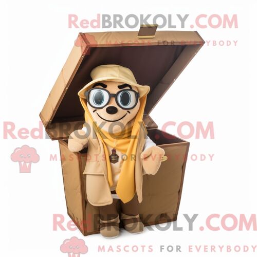 Costume De Mascotte Redbrokoly De Coffre Au Trésor Beige Habillé D Un Coupe-Vent Et De Lunettes De Lecture