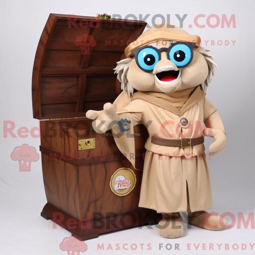 Costume De Mascotte Redbrokoly De Coffre Au Trésor Beige Habillé D Un Coupe-Vent Et De Lunettes De Lecture