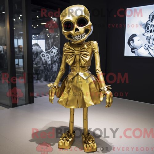 Costume De Mascotte Redbrokoly De Morts-Vivants Dorés Habillé D Une Robe Midi Et De Noeuds Papillons