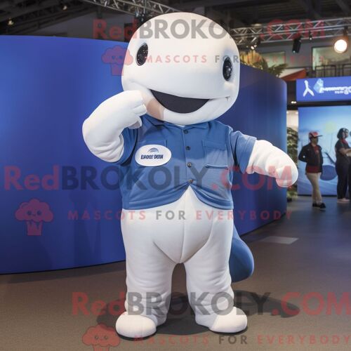 Costume De Mascotte Redbrokoly De Béluga Bleu Marine Personnage Habillé D Un Jean Et De Coussinets De Pieds