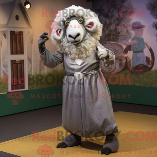 Costume De Mascotte Redbrokoly De Mouton Suffolk Argenté Personnage Habillé Avec Une Robe Taille Empire Et Des Casquettes