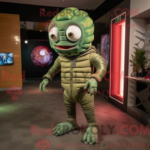 Costume Mascotte Redbrokoly De Trilobite Vert Habillé D Un Jean Skinny Et De Coussinets De Pieds