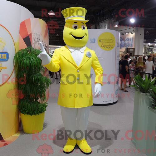 Personnage De Costume De Mascotte Redbrokoly De Maître De L Anneau Jaune Citron Habillé Avec Une Chemise Habillée Et Des Épinglettes