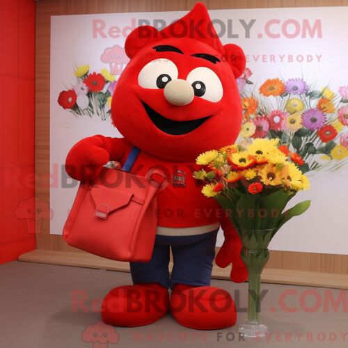 Costume Mascotte Redbrokoly De Bouquet De Fleurs Rouge Personnage Habillé Avec Un Jegging Et Des Portefeuilles