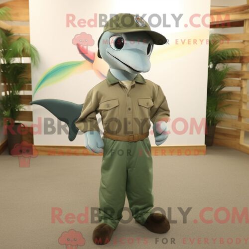 Costume De Mascotte Redbrokoly De Dauphin Olive Personnage Habillé Avec Un Jean Et Des Pinces À Chaussures