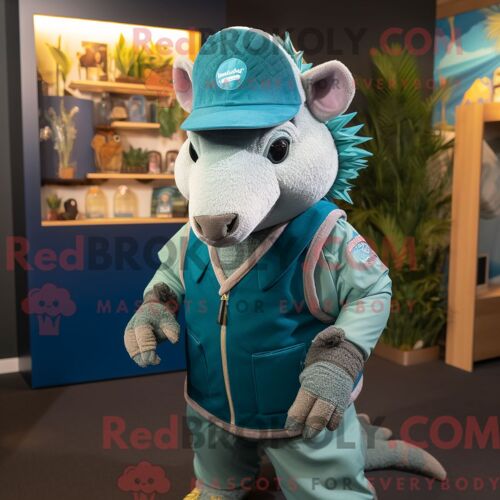 Costume De Mascotte Redbrokoly De Chocolats Turquoise Habillé D Une Robe De Cocktail Et De Ceintures De Smoking