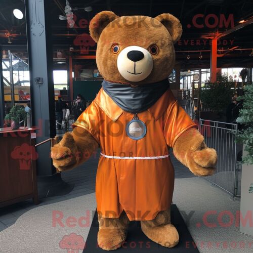 Personnage De Costume De Mascotte Redbrokoly D Ours En Peluche Rouille Habillé D Un Rash Guard Et D Épingles À Châle