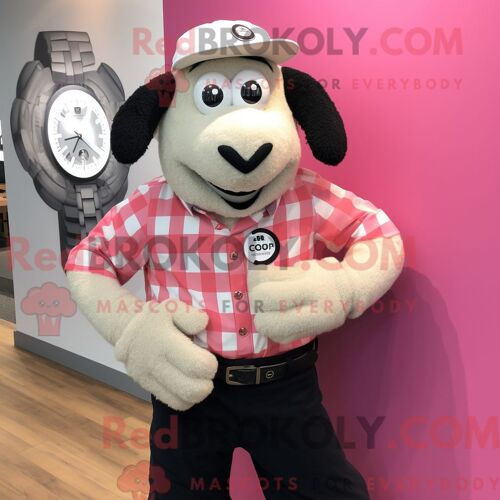 Costume De Mascotte Redbrokoly De Mouton Rose Du Suffolk Habillé D Une Chemise En Popeline Et De Montres-Bracelets