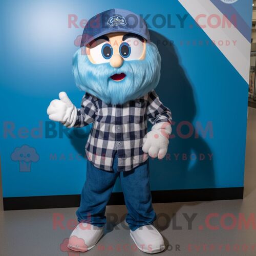 Personnage De Costume De Mascotte Redbrokoly De Balle De Baseball Bleue Habillé Avec Une Chemise En Flanelle Et Des Bonnets