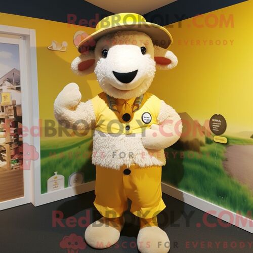 Costume De Mascotte Redbrokoly De Mouton Jaune Du Suffolk Personnage Habillé Avec Un Gilet Et Des Chapeaux