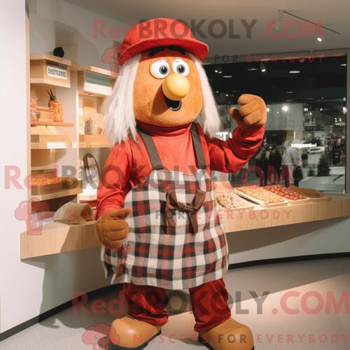 Personnage De Costume De Mascotte Redbrokoly De Currywurst Habillé Avec Une Chemise En Flanelle Et Des Ceintures