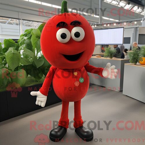 Personnage De Costume De Mascotte Redbrokoly De Tomate Rouge Habillé D Un T-Shirt Et De Coussinets De Pieds