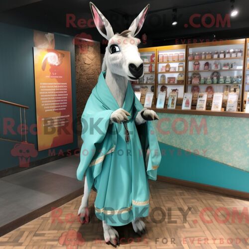 Costume Mascotte Redbrokoly D Âne Bleu Sarcelle Habillé Avec Une Robe Et Des Châles