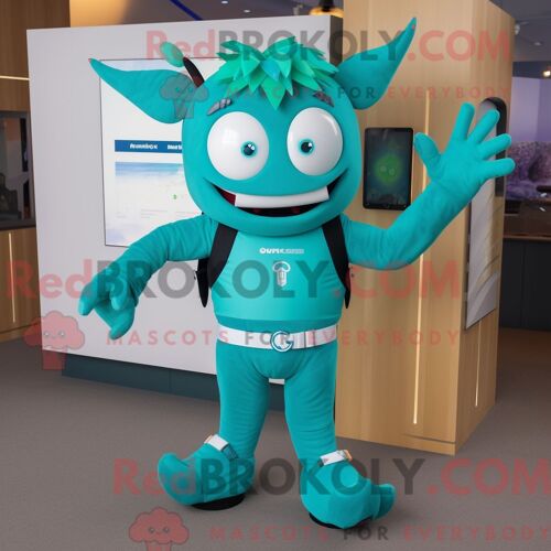 Costume De Mascotte Redbrokoly De Diable Sarcelle Habillé D Une Salopette Et De Montres Intelligentes