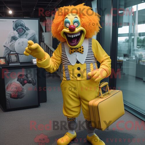 Personnage De Costume De Mascotte Redbrokoly De Clown Maléfique Jaune Habillé Avec Une Chemise Henley Et Des Porte-Documents