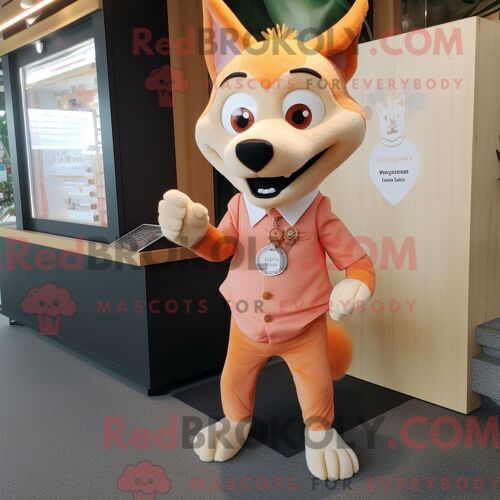 Costume De Mascotte Redbrokoly De Peach Dingo Personnage Habillé Avec Une Robe Droite Et Des Boutons De Manchette