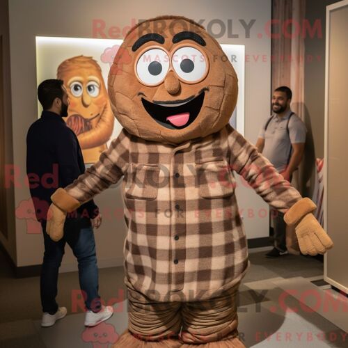 Personnage De Costume De Mascotte Redbrokoly De Spaghetti Marron Habillé Avec Une Chemise Et Des Écharpes En Flanelle
