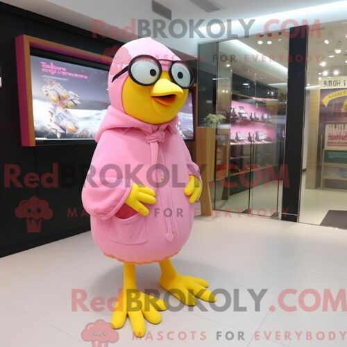 Personnage De Costume De Mascotte Redbrokoly De Canari Rose Habillé Avec Une Dissimulation Et Des Lunettes