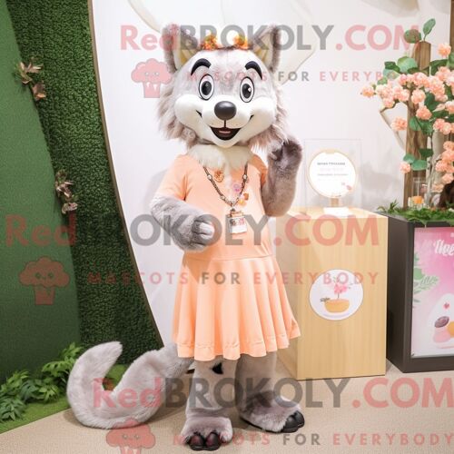 Costume De Mascotte Redbrokoly Peach Say Wolf Habillé Avec Une Robe Midi Et Des Colliers