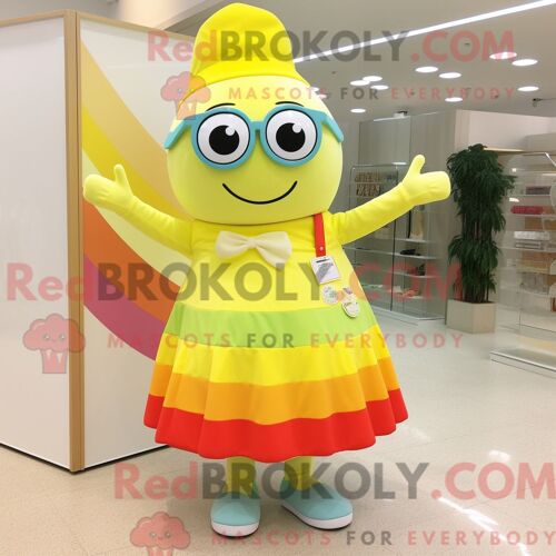 Personnage De Costume De Mascotte Redbrokoly Arc-En-Ciel Jaune Citron Habillé Avec Une Robe Trapèze Et Des Lunettes