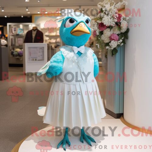 Costume De Mascotte Redbrokoly De Caille Turquoise Personnage Habillé D Une Robe De Mariée Et D Épingles À Cravate