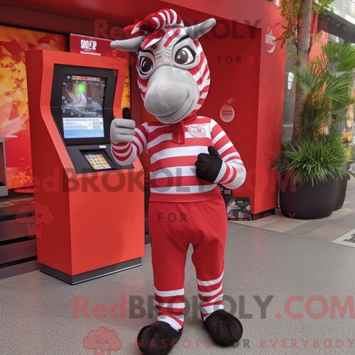 Costume De Mascotte Redbrokoly De Zèbre Rouge Habillé D Un Pantalon De Jogging Et D Un Porte-Monnaie