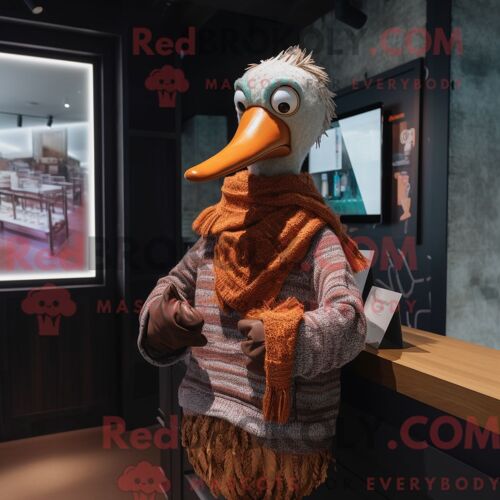 Costume De Mascotte Redbrokoly De Cygne Rouille Habillé D Un Pull Et D Écharpes
