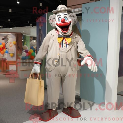 Costume Mascotte Redbrokoly De Clown Gris Habillé D Un Pantalon Chino Et De Sacs À Main