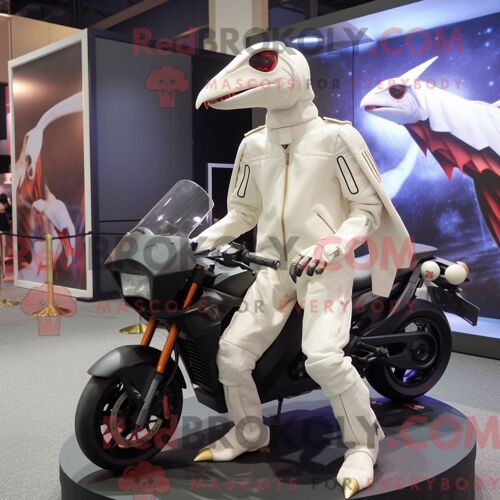 Costume De Mascotte Redbrokoly De Ptérodactyle Blanc Habillé D Une Veste De Moto Et De Coussinets De Pieds