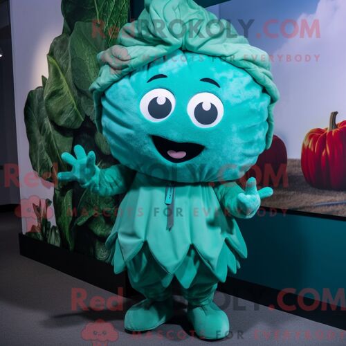 Costume Mascotte Redbrokoly De Chou Bleu Sarcelle Habillé Avec Une Barboteuse Et Des Mitaines