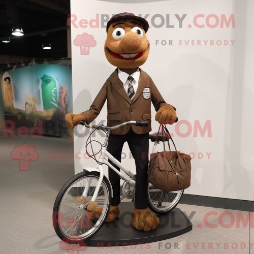 Personnage De Costume De Mascotte Redbrokoly De Monocycliste Marron Habillé Avec Une Veste De Costume Et Des Sacs Fourre-Tout