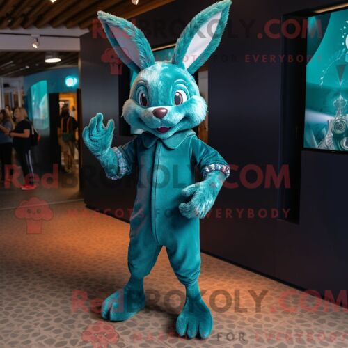 Costume Mascotte Redbrokoly De Lapin Bleu Sarcelle Habillé Avec Un Body Et Des Épingles À Cheveux