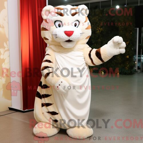 Costume Mascotte Redbrokoly De Tigre Crème Personnage Habillé D Une Robe De Soirée Et De Mitaines