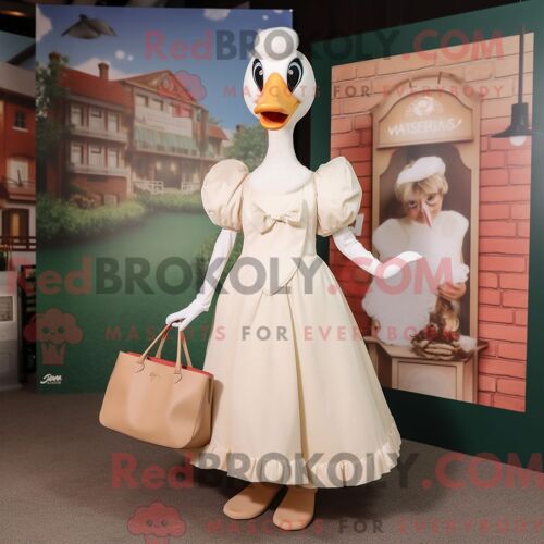 Costume Mascotte Redbrokoly De Cygnes Beiges Personnage Habillé D Une Robe Et De Sacs Fourre-Tout