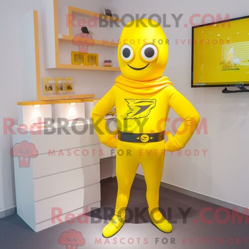 Costume De Mascotte Redbrokoly De Super-Héros Jaune Habillé D Une Jupe Crayon Et D Épingles À Cravate